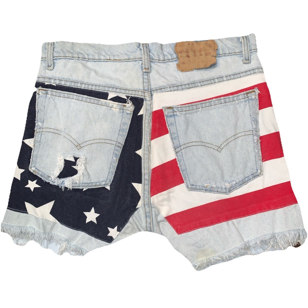 VTG Levis USA Flag Reworked High Rise Cut Off frayed Denim Shorts Distressed 30" - Picture 2 of 13